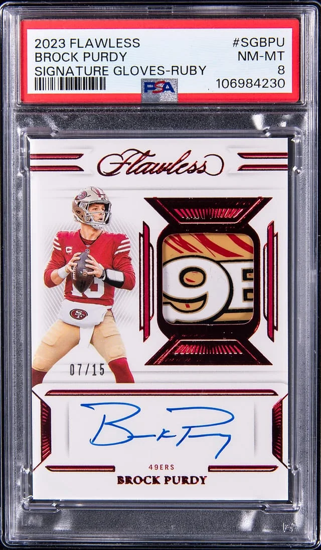 2023 Panini Flawless Brock Purdy Signature Gloves Ruby #SGBPU card image