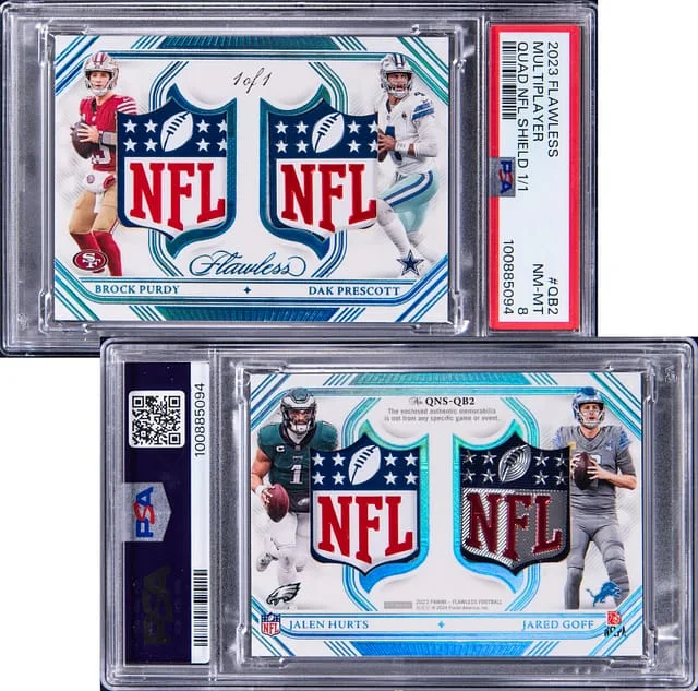2023 Panini Flawless Brock Purdy/Jalen Hurts/Jared Goff/Dak Prescott Quad NFL Shields #QB2 card image