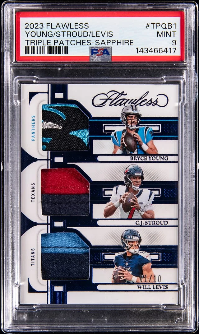 2023 Panini Flawless Bryce Young/C.J. Stroud/Will Levis Multi-Patch Triple Patches Sapphire #TP-QB1 card image
