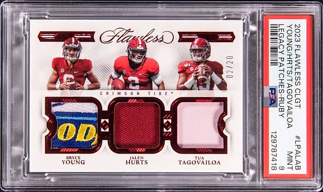 2023 Panini Flawless Bryce Young/Jalen Hurts/Tua Tagovailoa Collegiate Legacy Patches Ruby #LP-ALAB card image