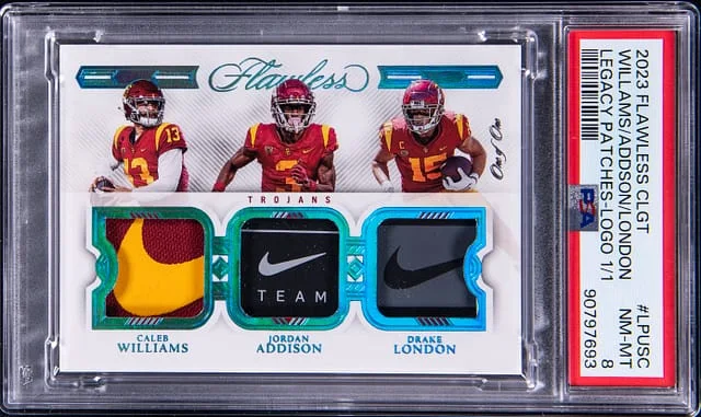 2023 Panini Flawless Caleb Williams/Jordan Addison/Drake London Collegiate Legacy Patches Nike Logo #LP-USC card image