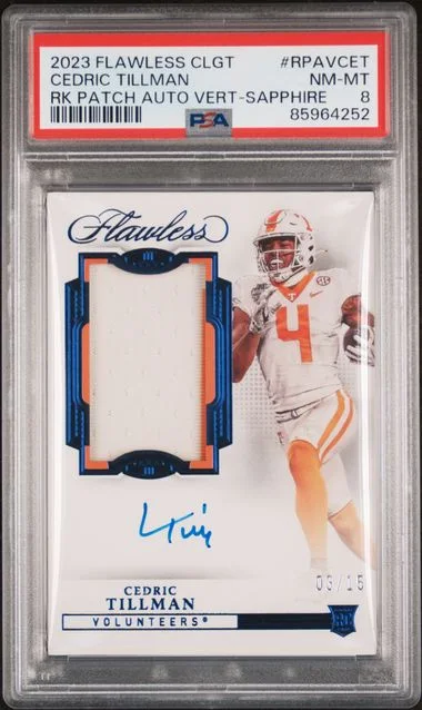 2023 Panini Flawless Cedric Tillman Collegiate Flawless Patch Autograph Vertical Sapphire #RPAV-CET card image