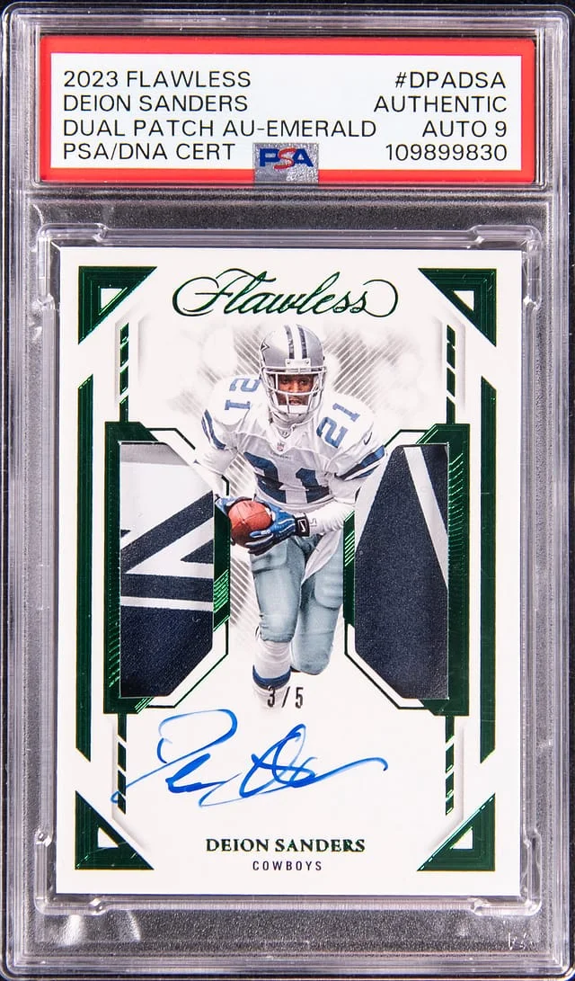 2023 Panini Flawless Deon Sanders Dual Patch Autographs Emerald #DPA-DSA card image