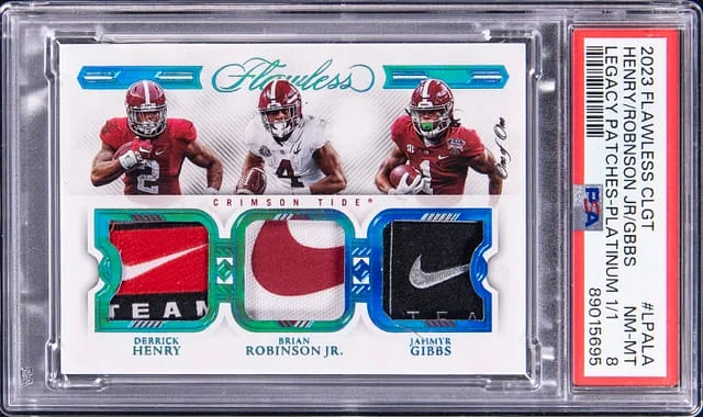 2023 Panini Flawless Derrick Henry/Brian Robinson Jr./Jahmyr Gibbs Legacy Patches Platinum #LP-ALA card image