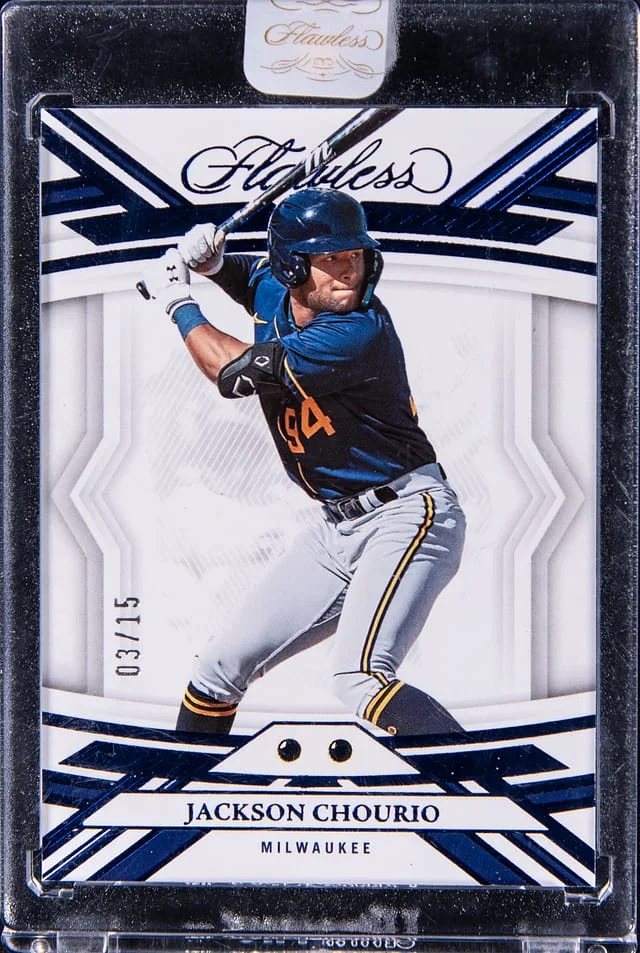 2023 Panini Flawless Jackson Courio Sapphire Relic Panini Encased #17 card image