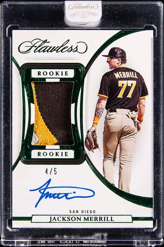 2023 Panini Flawless Jackson Merrill Patch Autograph Emerald #PPA-JM card image