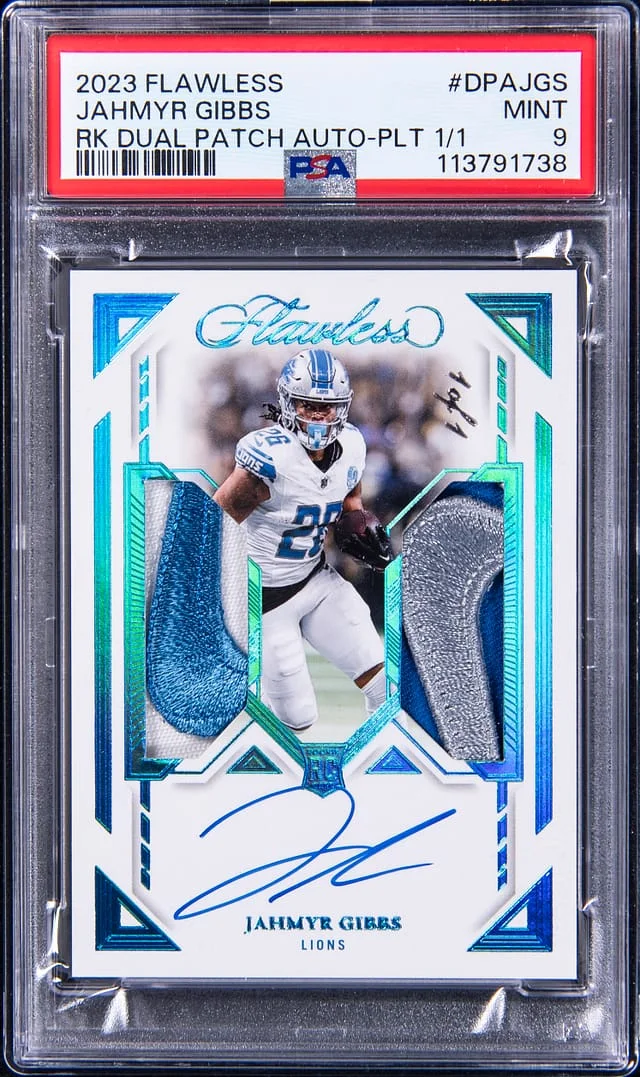 2023 Panini Flawless Jahmyr Gibbs Dual Patch Autographs Platinum #DPA-JGS card image