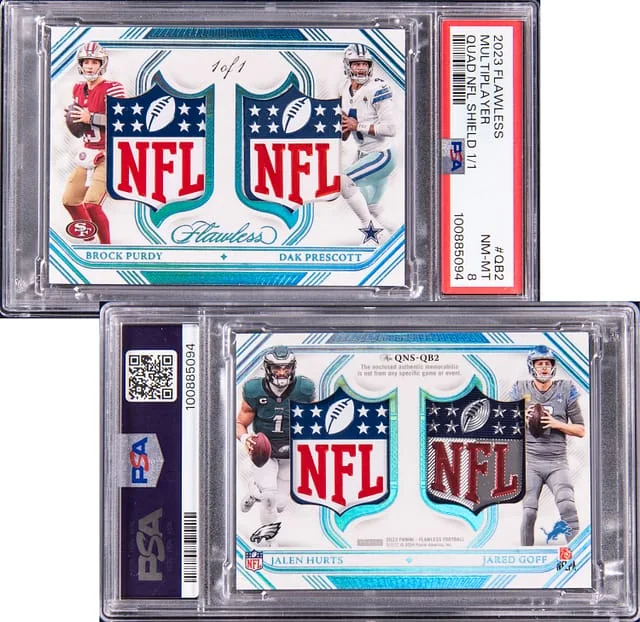 2023 Panini Flawless Jalen Hurts/Brock Purdy/Dak Prescott/Jared Goff Quad NFL Shield #QNS-QB2 card image