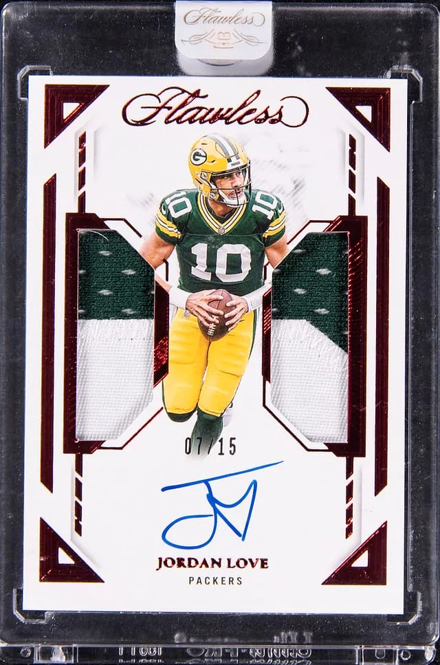 2023 Panini Flawless Jordan Love Dual Patch Autograph Ruby #DPA-JLO card image