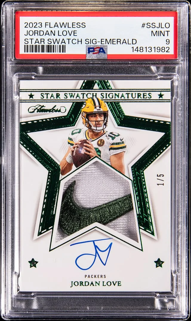 2023 Panini Flawless Jordan Love Star Swatch Signatures Emerald #SS-JLO card image