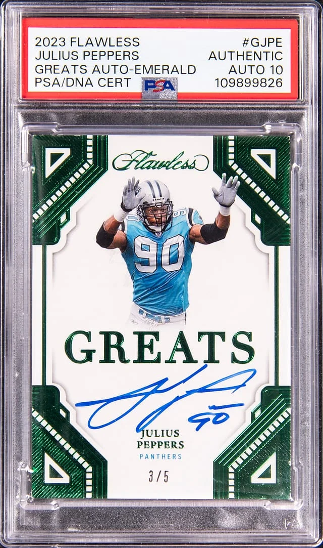 2023 Panini Flawless Julius Peppers Greats Autograph Emerald #G-JPE card image