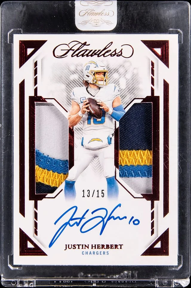 2023 Panini Flawless Justin Herbert Dual Patch Autographs Ruby #DPA-JHE card image