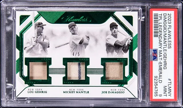 2023 Panini Flawless Mickey Mantle/Lou Gehrig/Joe DiMaggio Triple Legendary Material Emerald #TLM-NY card image