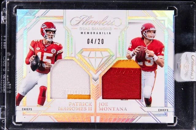 2023 Panini Flawless Patrick Mahomes II/ Joe Montana Dual-Patch Card - Panini Encased Dual Diamond Memorabilia #DDM-KC card image
