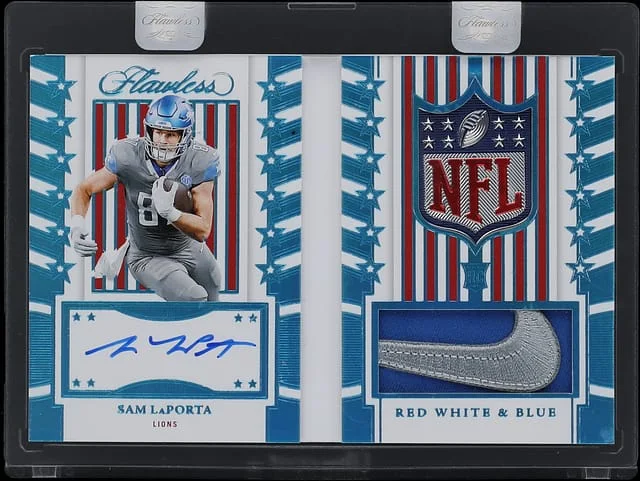 2023 Panini Flawless Sam LaPorta Red/White/Blue Autograph Brand Logo Platinum #RWBA-SLA card image