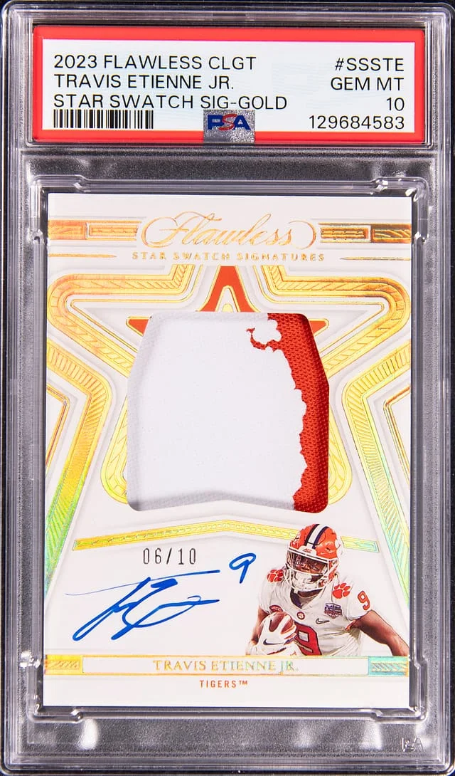 2023 Panini Flawless Travis Etienne Jr. Collegiate Star Swatch Signature Gold #SSS-TE card image