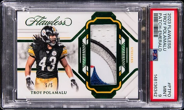 2023 Panini Flawless Troy Polamalu Patch Emerald #P-TPO card image