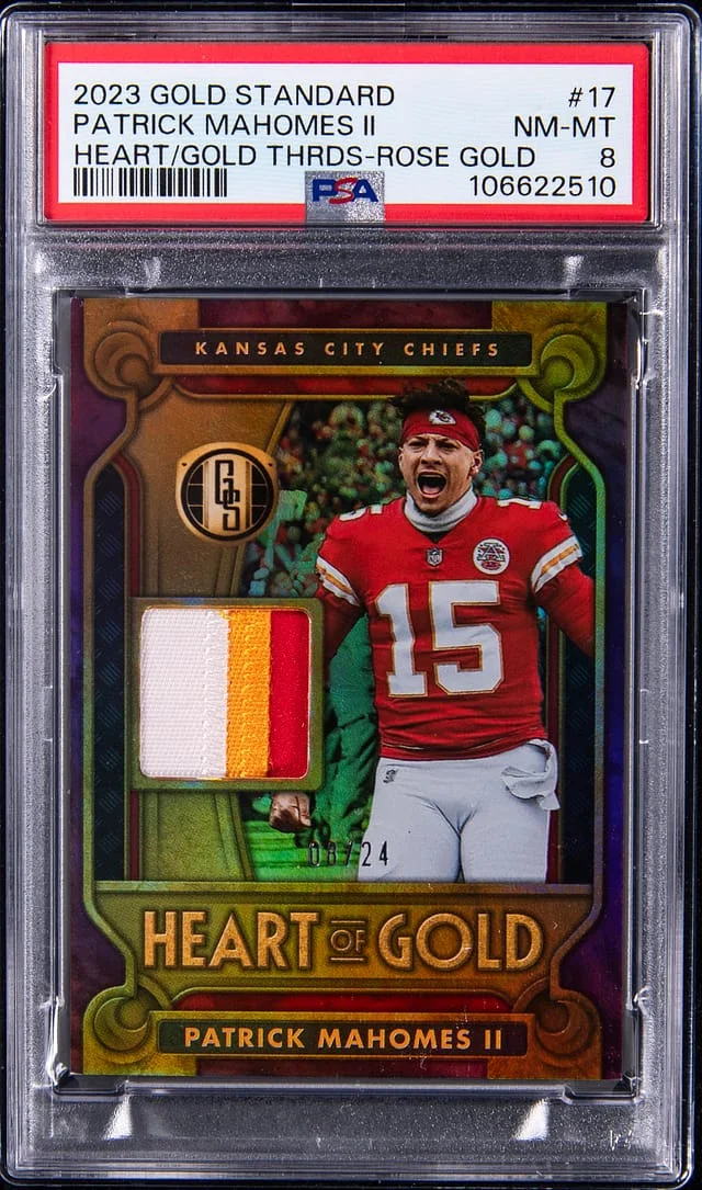 2023 Panini Gold Standard Patrick Mahomes II Heart of Gold Threads Rose Gold #17 card image