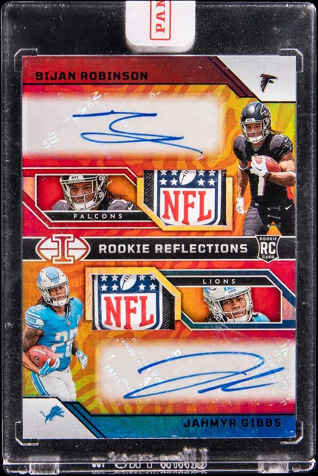 2023 Panini Illusions Bijan Robinson/Jahmyr Gibbs Reflections Dual Patch Autographs Purple #RRA-RB1 card image