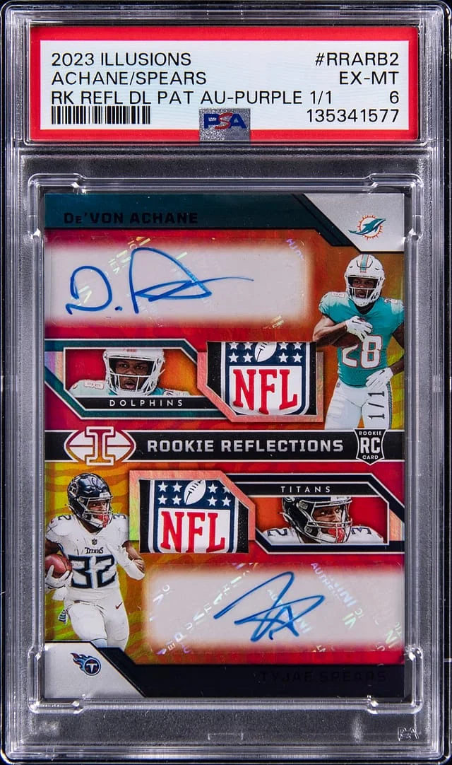 2023 Panini Illusions De'Von Achane/Tyjae Spears Reflections Dual Patch Autographs Purple #RRA-RB2 card image