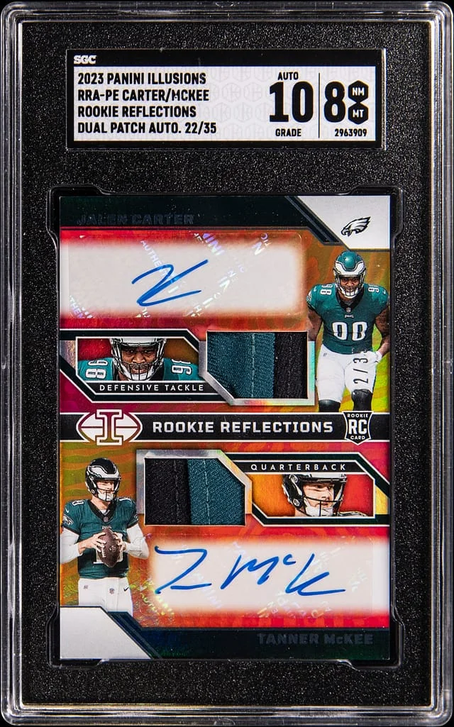 2023 Panini Illusions Jalen Carter/Tanner McKee Reflections Dual Patch Auto #RPA-PE card image