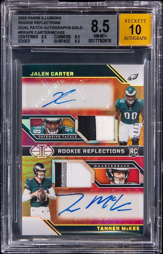 2023 Panini Illusions Jalen Carter/Tanner McKee Reflections Autographs Gold #RRA-PE card image