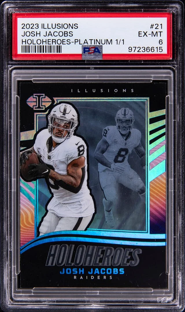 2023 Panini Illusions Josh Jacobs HoloHeroes Platinum #21 card image