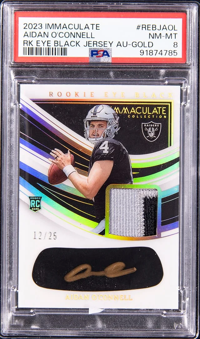 2023 Panini Immaculate Aidan O'Connell Eye Black Jersey Autograph Gold #REBJAOL card image