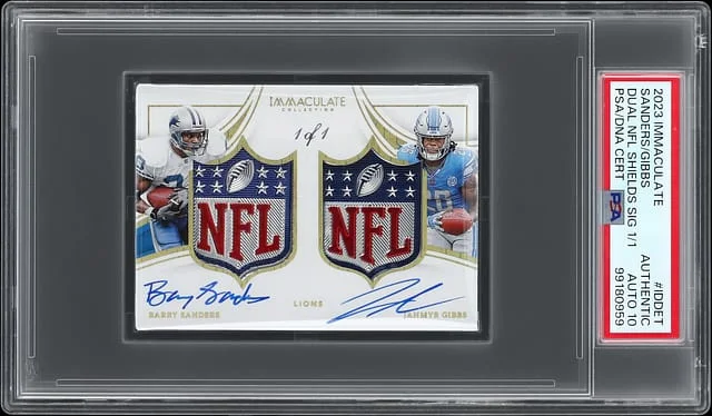 2023 Panini Immaculate Barry Sanders/Jahmyr Gibbs Dual NFL Shields Signatures #ID-DET card image