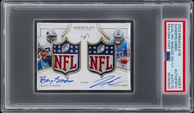 2023 Panini Immaculate Collection Barry Sanders/Jahmyr Gibbs Dual NFL Shields Signatures #ID-DET card image