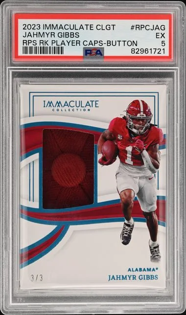 2023 Panini Immaculate Collection Collegiate RPS Player Caps Button Rpcjag Jahmyr Gibbs #no-number card image