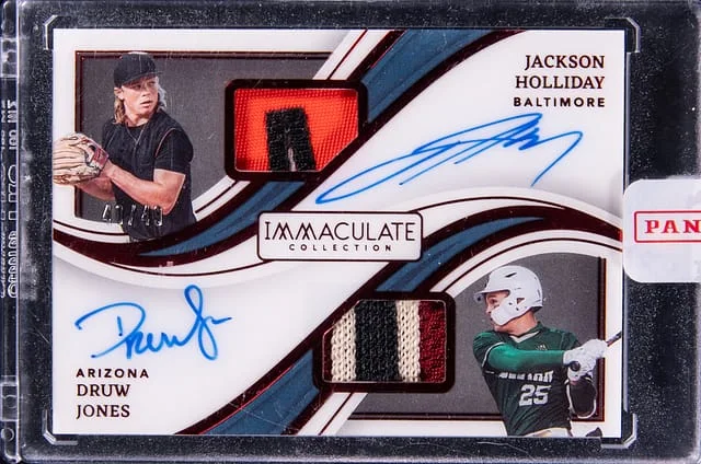 2023 Panini Immaculate Collection Druw Jones/Jackson Holliday Dual Material Signatures Red #DMS-HJ card image