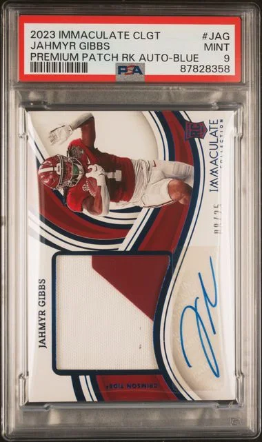 2023 Panini Immaculate Collection Jahmyr Gibbss Collegiate Premium Patches Autographs Blue #PPRA-JAG card image