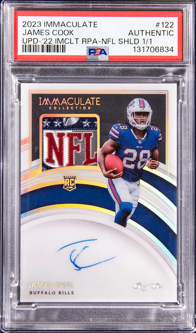 2023 Panini Immaculate Collection James Cook Update '22 Immaculate RPA NFL Shield #122 card image