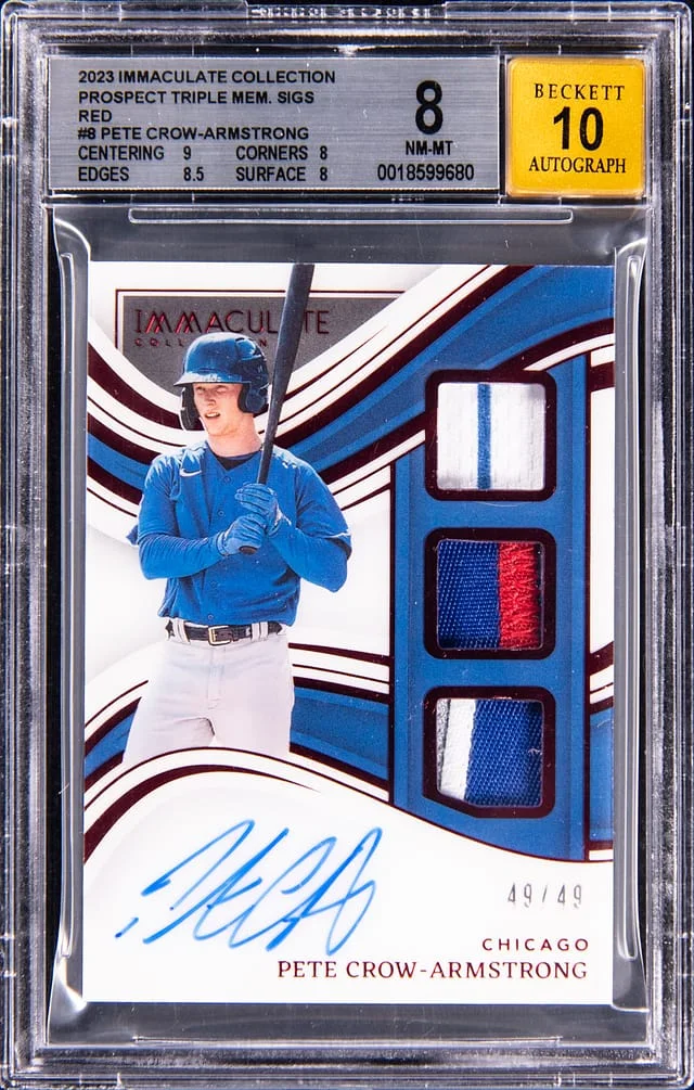 2023 Panini Immaculate Collection Pete Crow-Armstrong Prospect Triple Memorabilia Signatures Red #PTS-PA card image