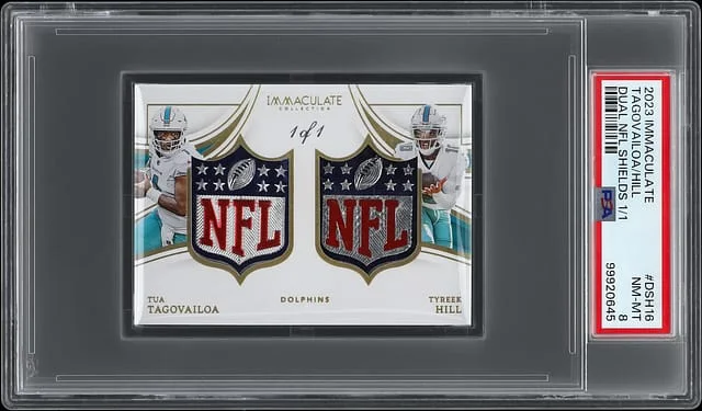 2023 Panini Immaculate Collection Tua Tagovailoa/Tyreek Hill Dual NFL Shields #DSH-16 card image