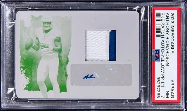 2023 Panini Impeccable Anthony Richardson Patch Autograph Yellow Printing Plate #RPA-AR card image