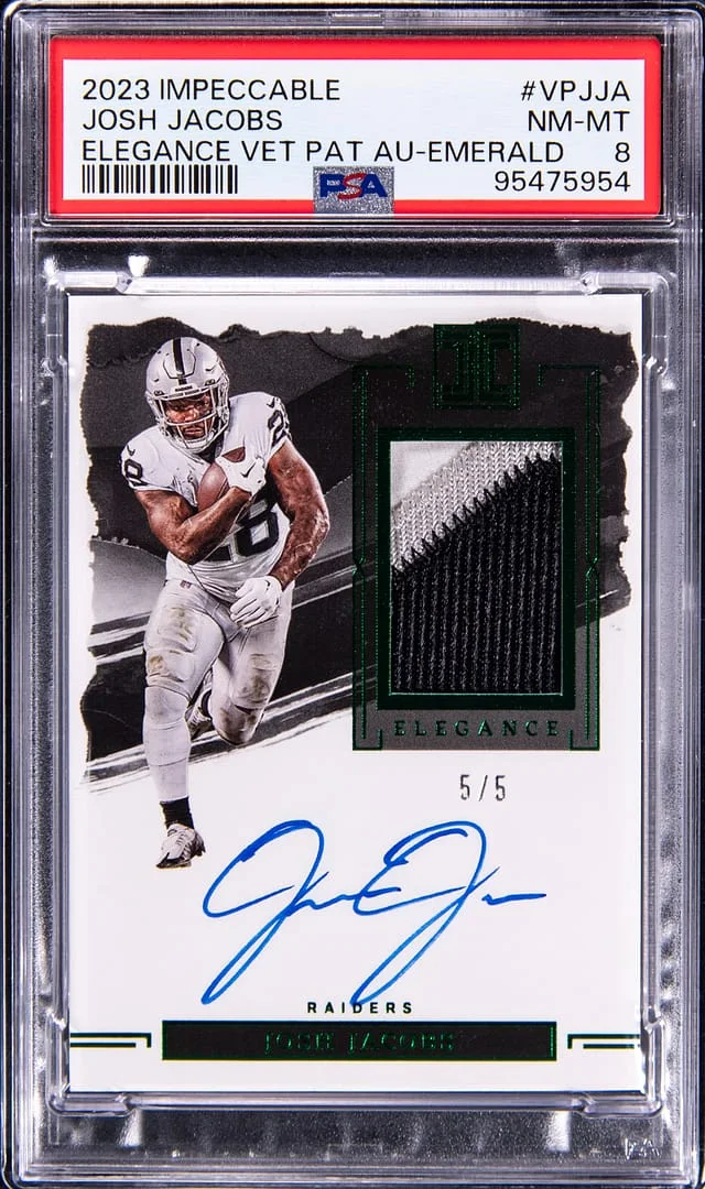2023 Panini Impeccable Josh Jacobs Elegance Veteran Patch Autograph Emerald #VP-JJA card image