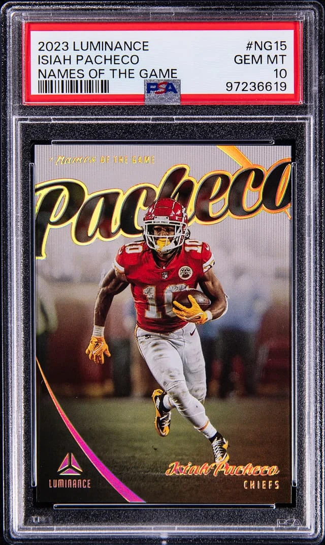 2023 Panini Isiah Pacheco Luminance Names of the Game #NG-15 card image