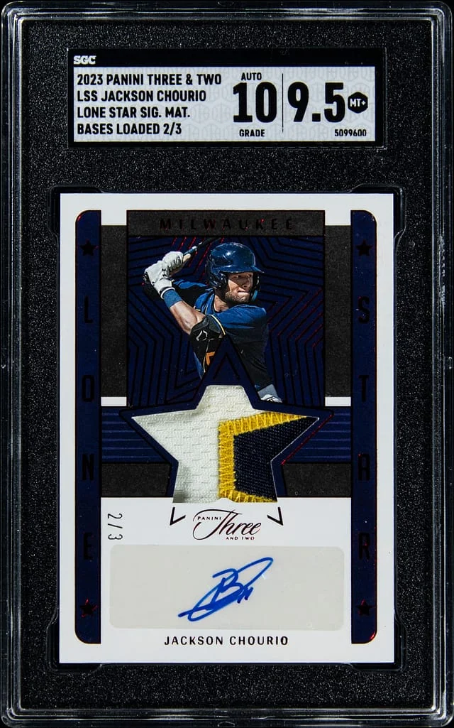 2023 Panini Jackson Chourio Three & Two Lone Star Signature Materials Bases Loaded #LSS-JH card image