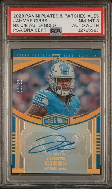 2023 Panini Jahmyr Gibbs Plates & Patches Upper Echelon Autographs Gold #UE5 card image