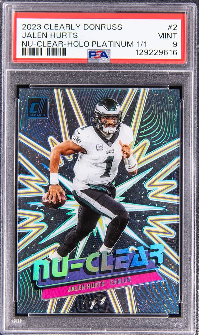 2023 Panini Jalen Hurts Clearly Donruss Nu-Clear Holo Platinum #2 card image