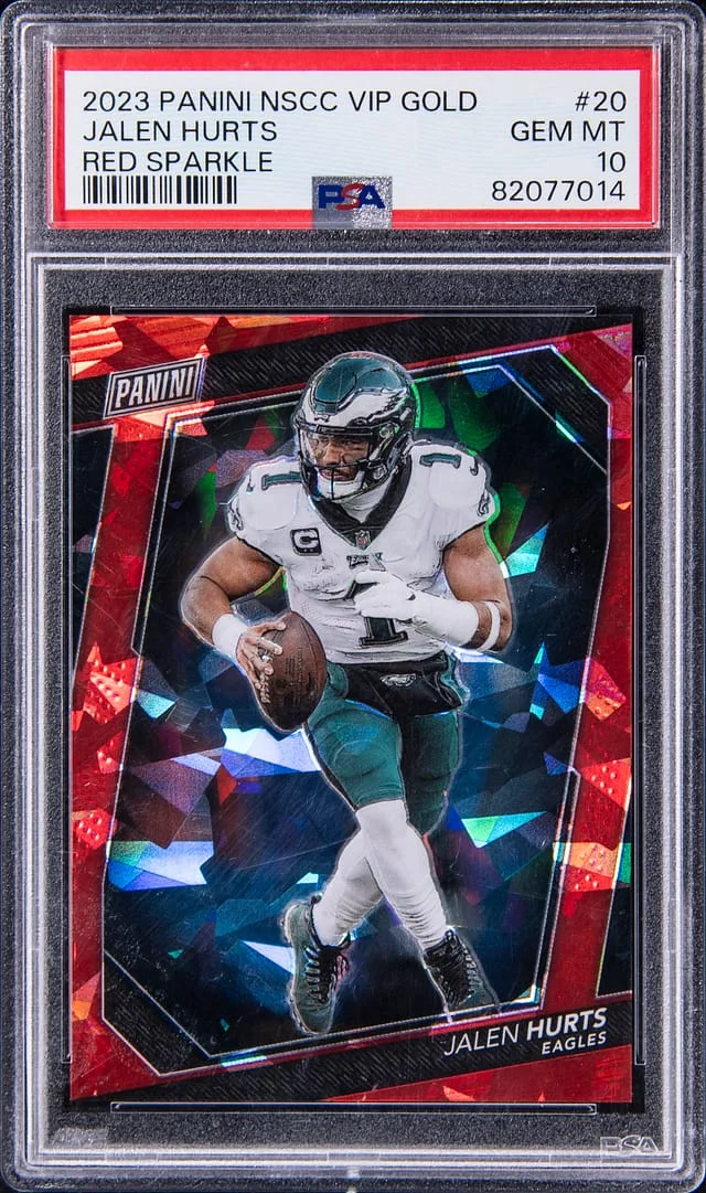 2023 Panini Jalen Hurts National Sports Card Convention VIP Gold Red Sparkle #20 card image