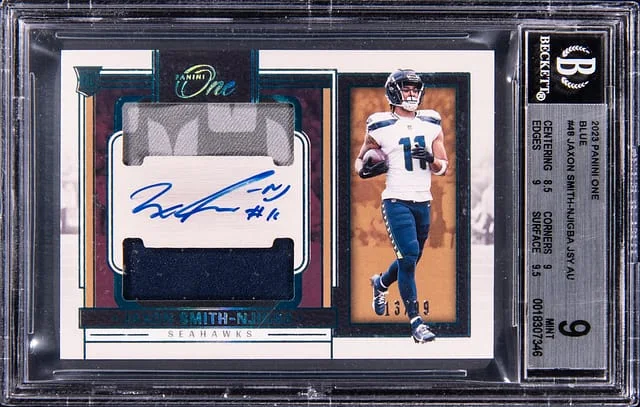 2023 Panini Jaxon Smith-Njigba One Dual Patch Autographs Blue #48 card image
