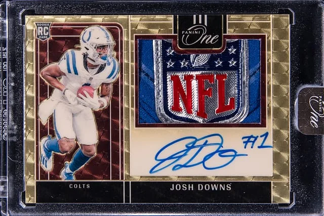 2023 Panini Josh Downs One Precision Patch Autograph (RPA) Gold Vinyl #310 card image