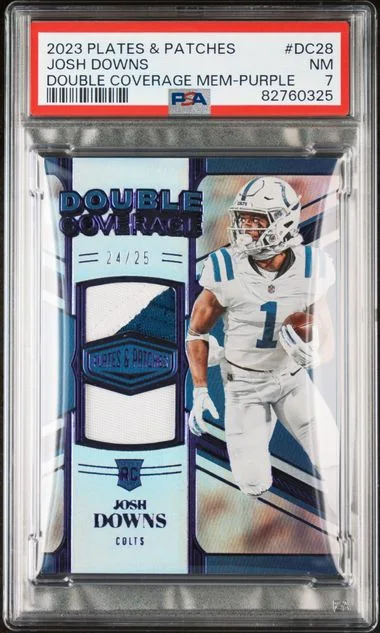 2023 Panini Josh Downs Plates & Patches Double Coverage Memorabilia Purple #Dc28 card image