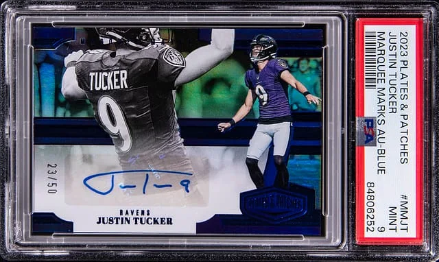2023 Panini Justin Tucker Plates & Patches Marquee Marks Autograph Blue #MMJT card image