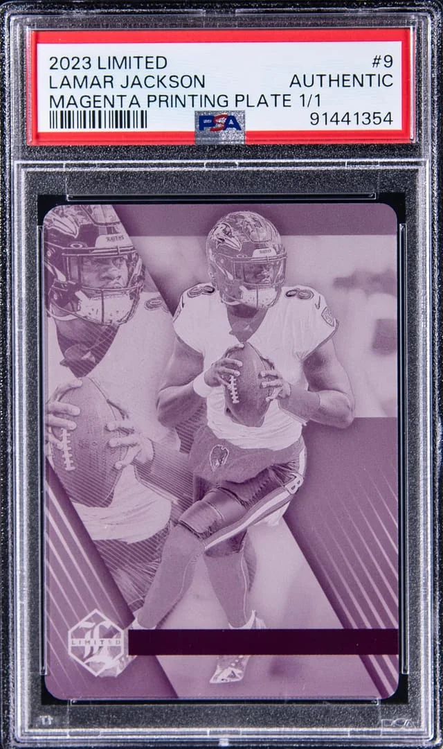 2023 Panini Lamar Jackson Limited Magenta Printing Plate #9 card image