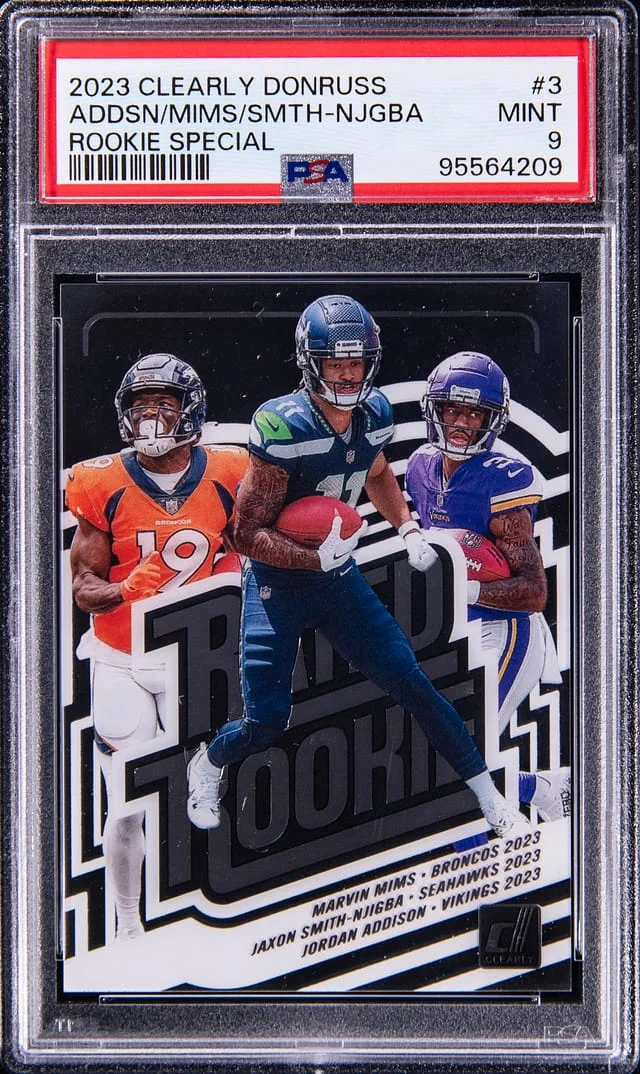 2023 Panini Marvin Mims/Jaxon Smith-Njigba/Jordan Addison Clearly Donruss Special #3 card image
