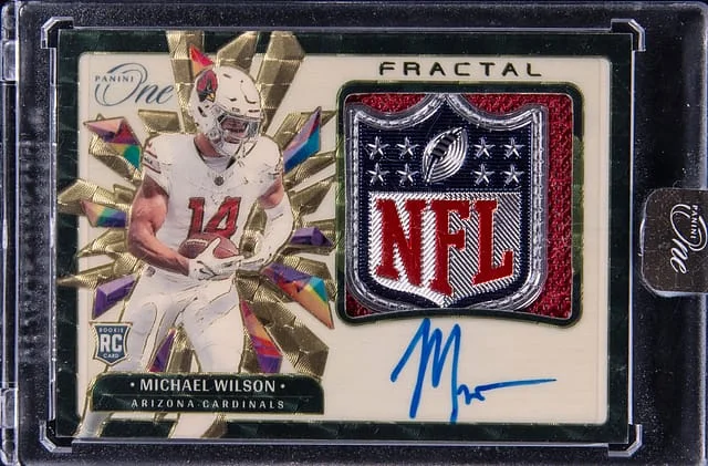 2023 Panini Michael Wilson One Fractal Patch Autographs (RPA) NFL Shield Gold Vinyl #376 card image